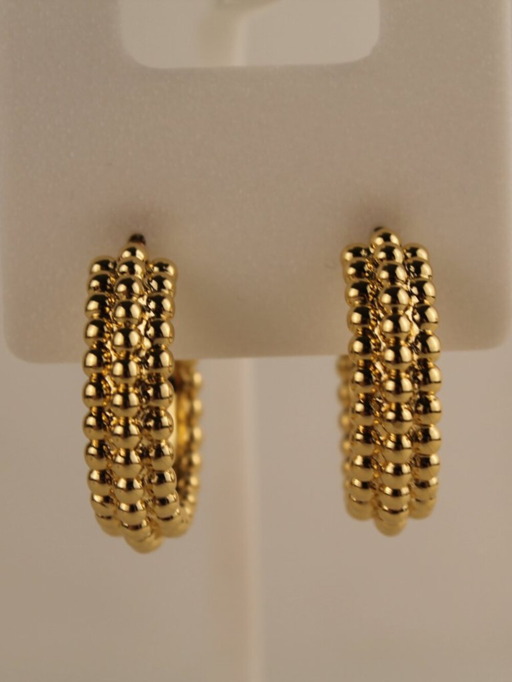 Gold Tone Triple Row Beaded Ball Dome Open Hoop Earrings